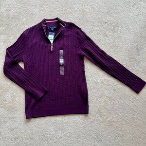 Tommy Hilfiger Women's Cotton Quarter Zip Cable Knit Sweater - Aubergine Color